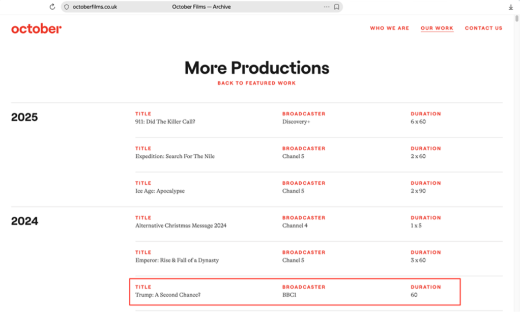 Note: On November 6, 2025, the mention of the project “Trump: A Second Chance?” disappeared from the October Films website
