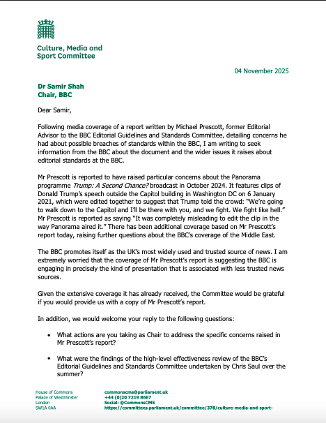An excerpt from a letter from the Chairman of the Culture, Media and Sport Committee to the Chairman of the BBC